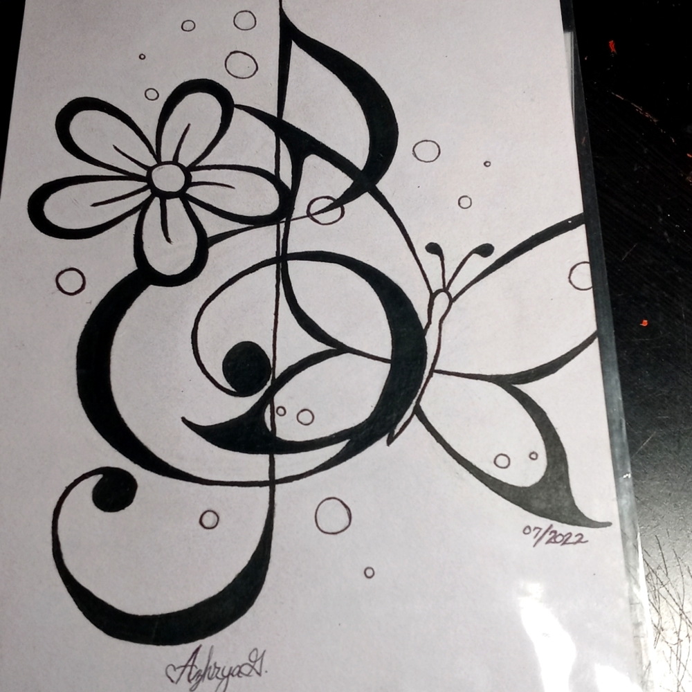 Treble Clef Butterfly with Flower Drawing